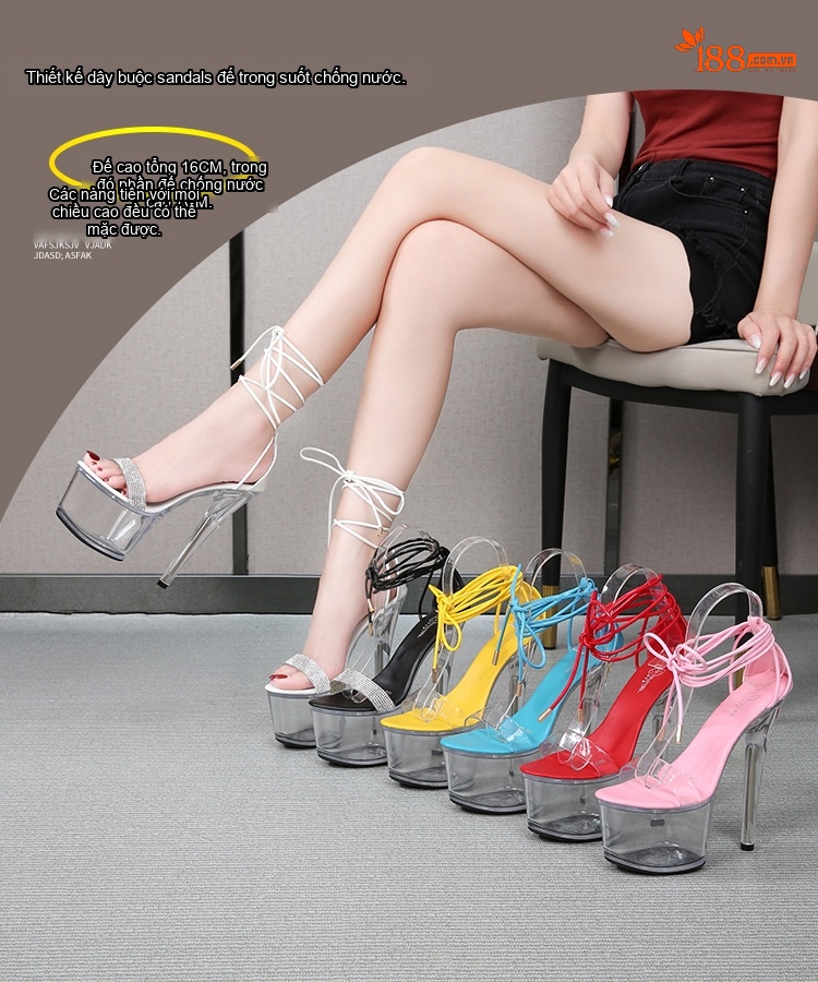 Giày Sandal Cao Gót Nữ Quai Dây Buộc Da Bóng Gót Cao 17cm Màu Đen, Đỏ, Hồng, Trắng... chi tiết 1