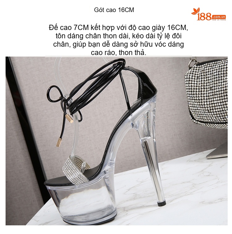 Giày Sandal Cao Gót Nữ Quai Dây Buộc Da Bóng Gót Cao 17cm Màu Đen, Đỏ, Hồng, Trắng... chi tiết 6
