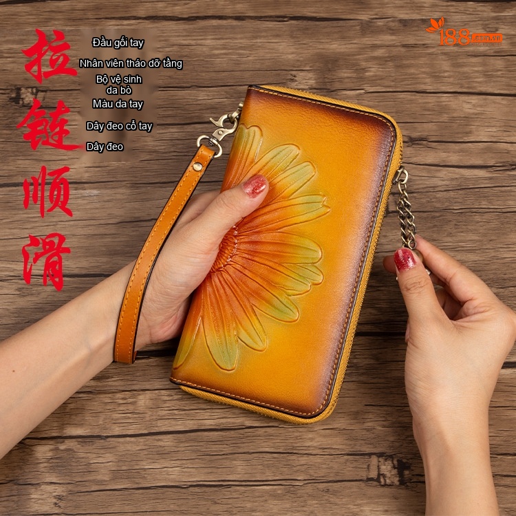 Ví Nữ Da Thật Khắc Hoa Thủ Công, Ví Dài Cầm Tay Khóa Kéo Đựng Điện Thoại Màu Vàng, Đỏ, Nâu chi tiết 3