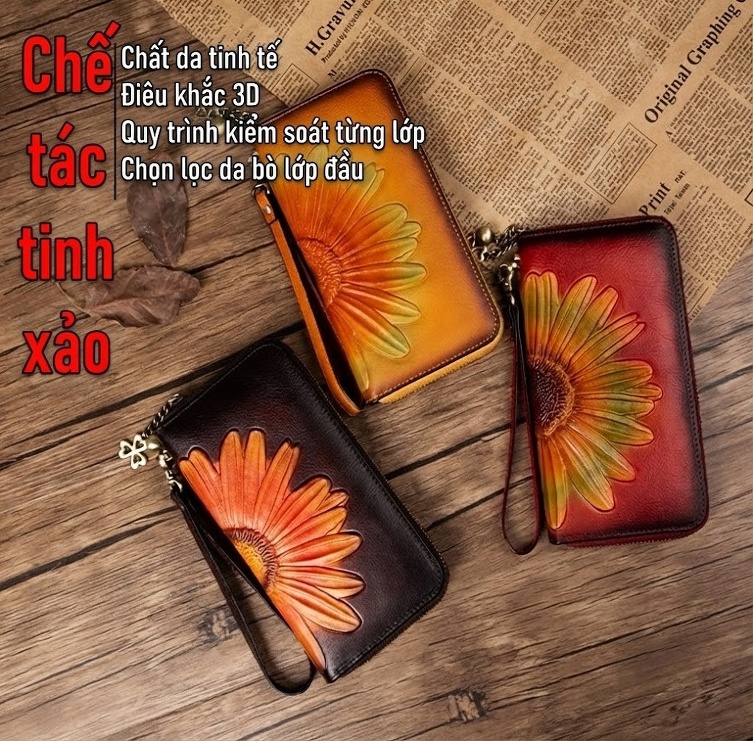 Ví Nữ Da Thật Khắc Hoa Thủ Công, Ví Dài Cầm Tay Khóa Kéo Đựng Điện Thoại Màu Vàng, Đỏ, Nâu chi tiết 2