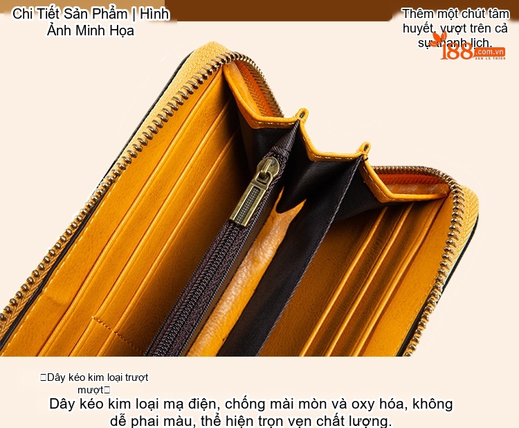 Ví Nữ Da Thật Khắc Hoa Thủ Công, Ví Dài Cầm Tay Khóa Kéo Đựng Điện Thoại Màu Vàng, Đỏ, Nâu chi tiết 16