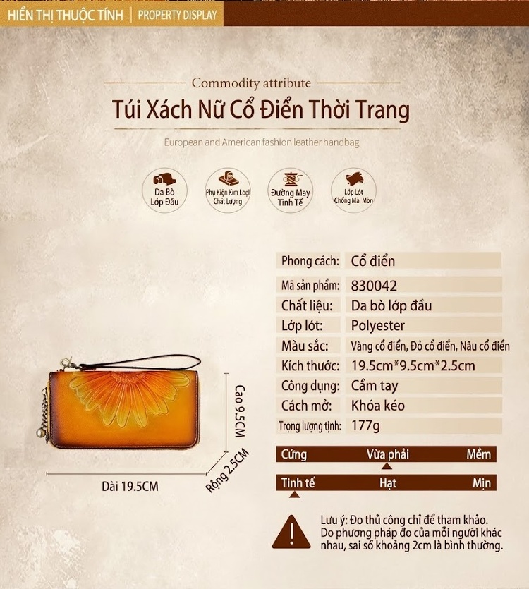 Ví Nữ Da Thật Khắc Hoa Thủ Công, Ví Dài Cầm Tay Khóa Kéo Đựng Điện Thoại Màu Vàng, Đỏ, Nâu chi tiết 15