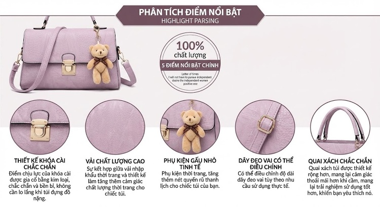 Bộ Túi Xách Tay và Túi Đeo Chéo Nữ 4 Món Da Bóng Thời Trang Màu Đen, Đỏ, Nâu, Hồng chi tiết 12