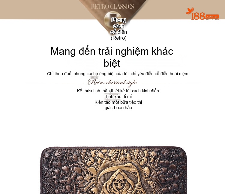 Ví Dài Cầm Tay Nam Nữ Da Bò Hình Đầu Lâu Phong Cách Rock Màu Nâu chi tiết 1