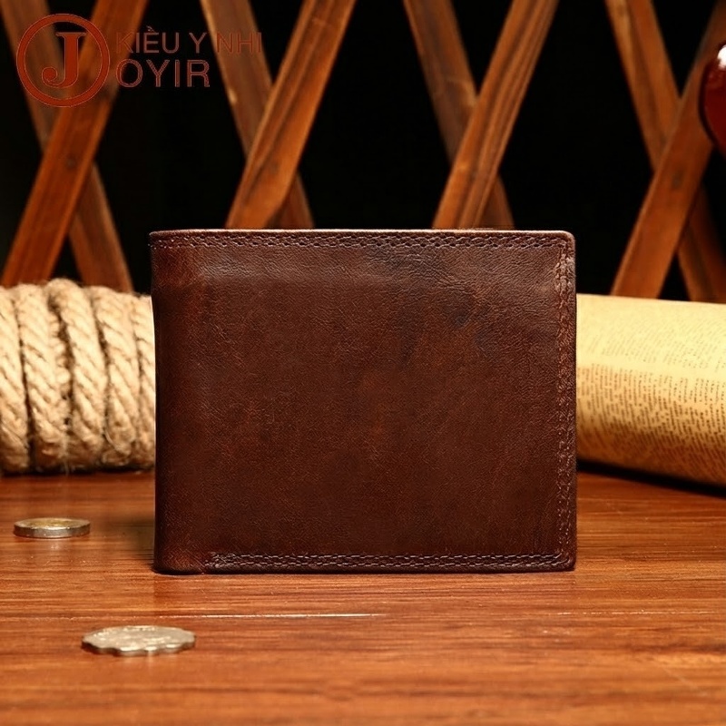 Ví Ngắn Nam Da Dầu Sáp Bò Vintage Nhiều Ngăn Màu Nâu chi tiết 8