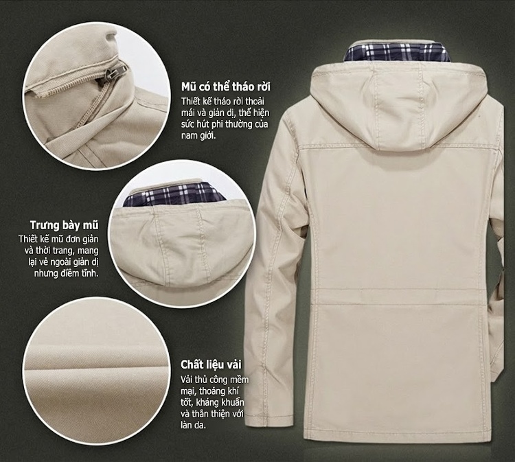 Áo Khoác Jacket Nam Cotton Dáng Ôm Vừa Vặn Phong Cách Thường Ngày Màu Be, Đen, Nâu, Xanh... chi tiết 2