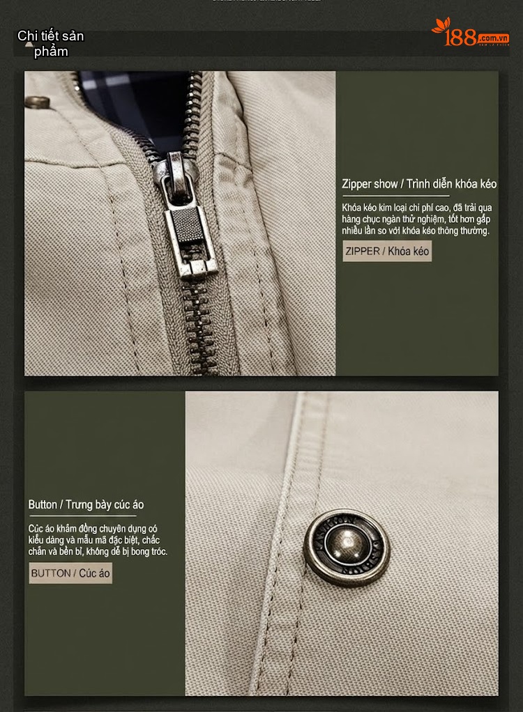 Áo Khoác Jacket Nam Cotton Dáng Ôm Vừa Vặn Phong Cách Thường Ngày Màu Be, Đen, Nâu, Xanh... chi tiết 11