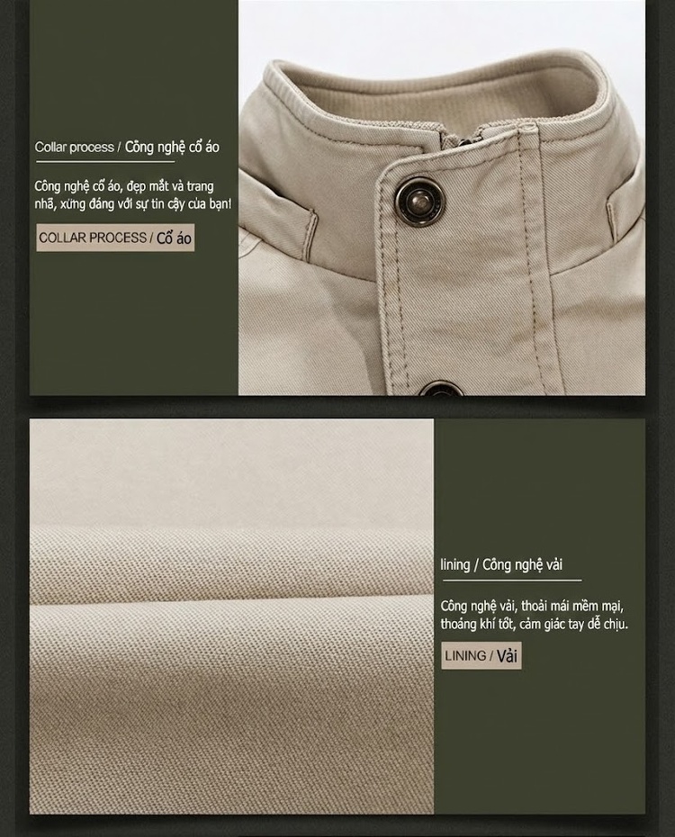Áo Khoác Gió Nam Cotton Dáng Suông Có Mũ Trùm Đầu Màu Be, Đen, Xanh Rêu, Nâu chi tiết 13