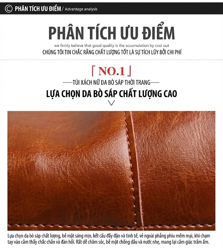 Túi Tote Da Thật Retro Châu Âu Mỹ, Túi Đeo Chéo Nữ Màu Nâu chi tiết 8