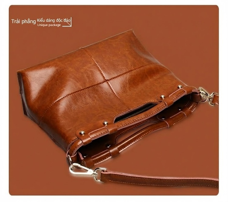 Túi Tote Da Thật Retro Châu Âu Mỹ, Túi Đeo Chéo Nữ Màu Nâu chi tiết 14