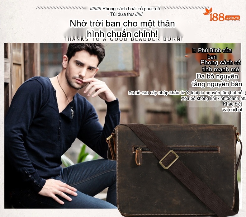 Túi Đeo Chéo Nam Da Bò Sáp Kiểu Cổ Điển chi tiết 7