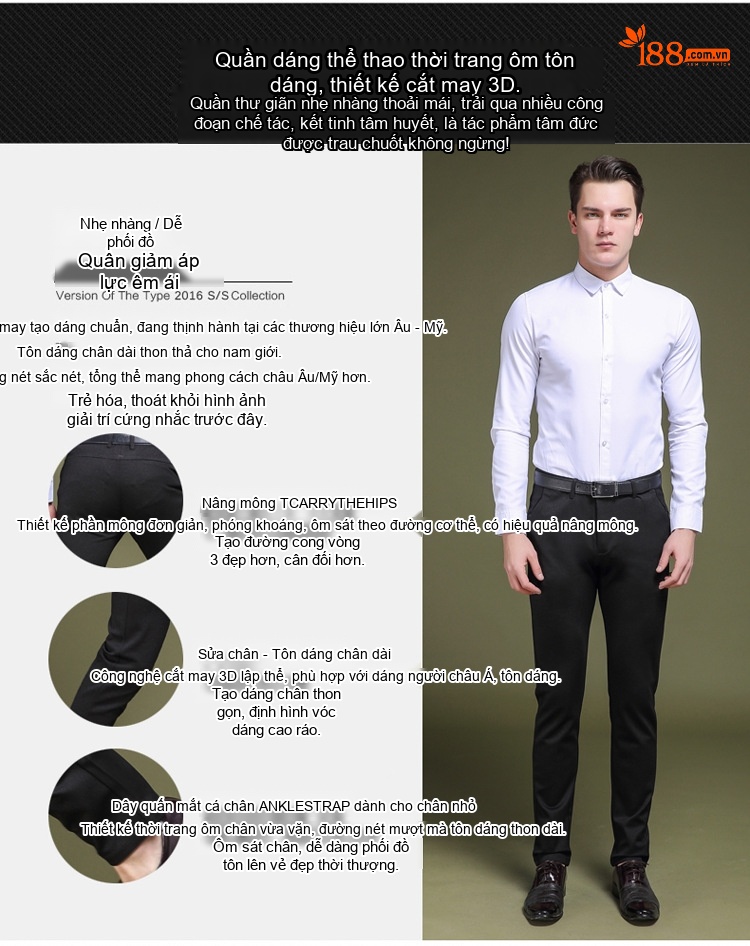 Quần Âu Nam Bốn Chiều Co Giãn Cotton Dáng Ôm Màu Đen chi tiết 2