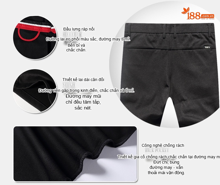 Quần Âu Nam Bốn Chiều Co Giãn Cotton Dáng Ôm Màu Đen chi tiết 5