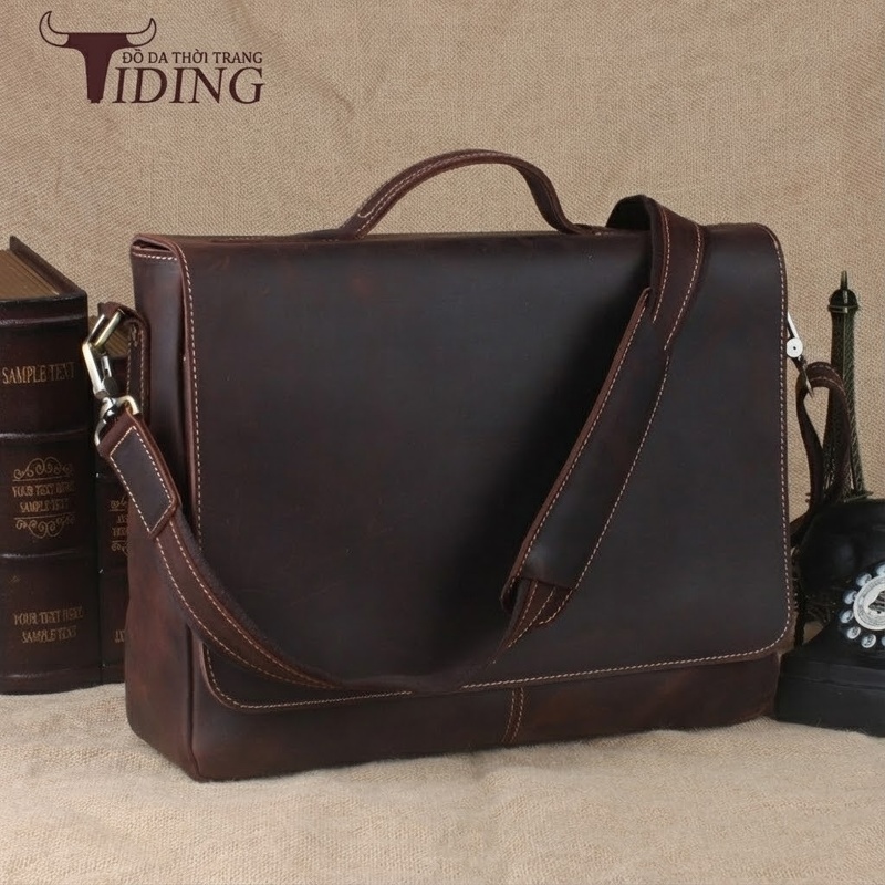 Túi Đeo Chéo/Đeo Vai Nam Da Bò Thật Phong Cách Âu Mỹ Retro Đựng Tài Liệu/Laptop 14 inch Màu Nâu