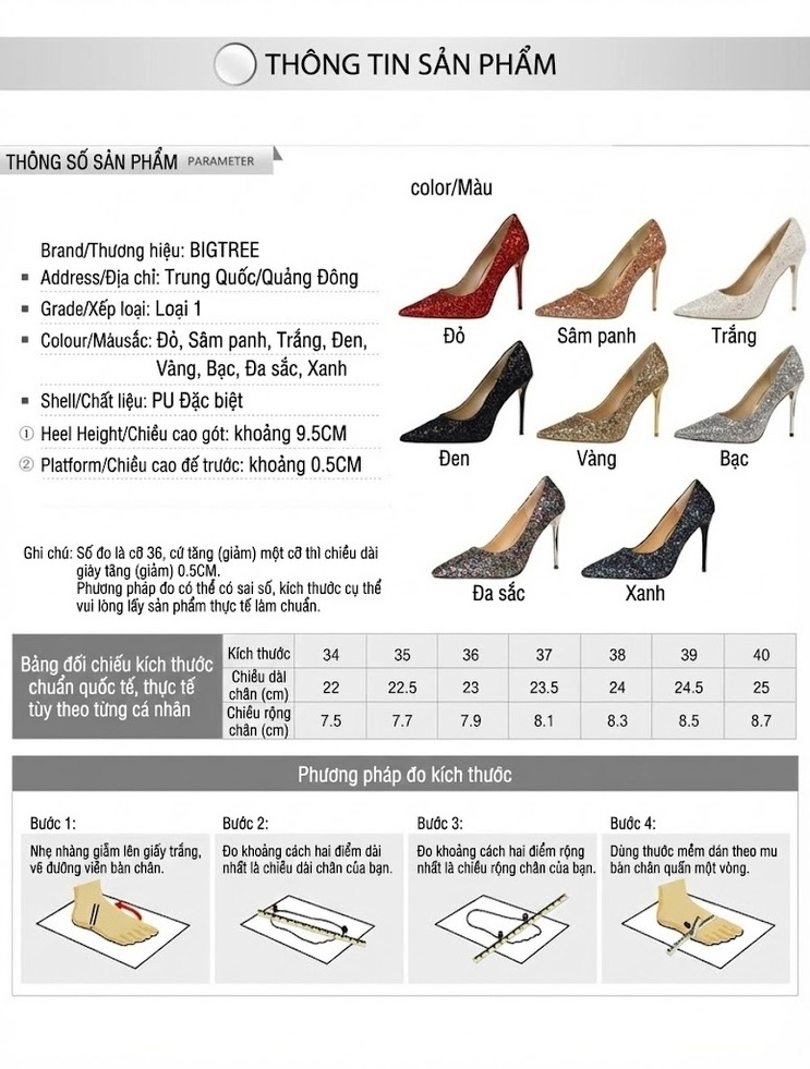 Giày Cao Gót Nữ Mũi Nhọn Lấp Lánh Chiều Cao Đế Khoảng 8cm Màu Hồng, Vàng, Bạc, Trắng... chi tiết 1