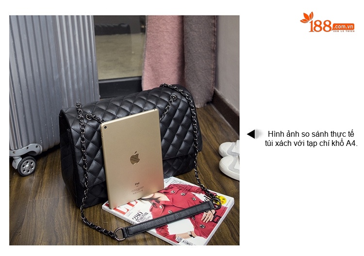 Túi Đeo Chéo Nữ Da PU Họa Tiết Trám Dây Xích Size Lớn Màu Đen chi tiết 3