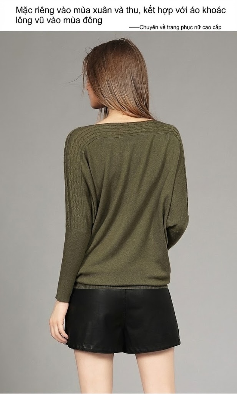 Áo Len Dệt Kim Nữ Tay Dài Dáng Rộng Chất Liệu Lông Cừu Màu Xanh Olive chi tiết 7