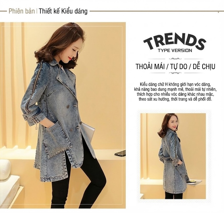 Áo Khoác Jean Nữ Dáng Dài Tay Lửng Khóa Kéo Túi Hộp Phong Cách Hàn Quốc Màu Xanh Jean chi tiết 5