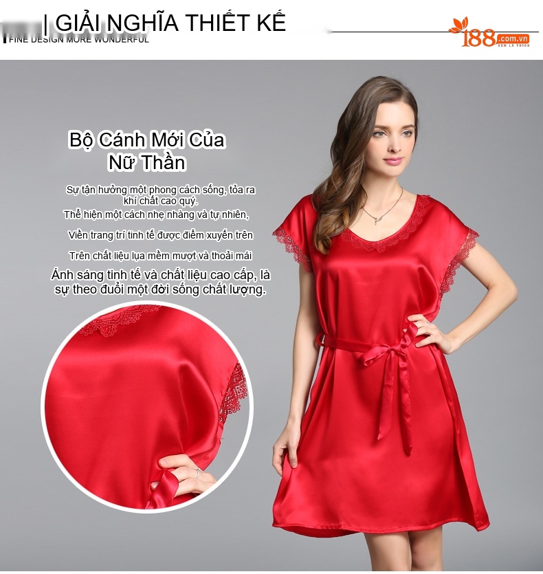 Váy Ngủ Lụa Tằm Tơ Nữ Cổ Tròn Tay Ngắn Dáng Xòe Màu Đỏ, Hồng chi tiết 2