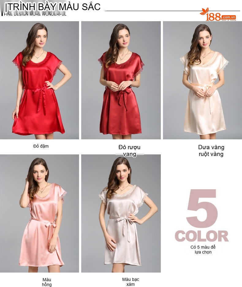 Váy Ngủ Lụa Tằm Tơ Nữ Cổ Tròn Tay Ngắn Dáng Xòe Màu Đỏ, Hồng chi tiết 7