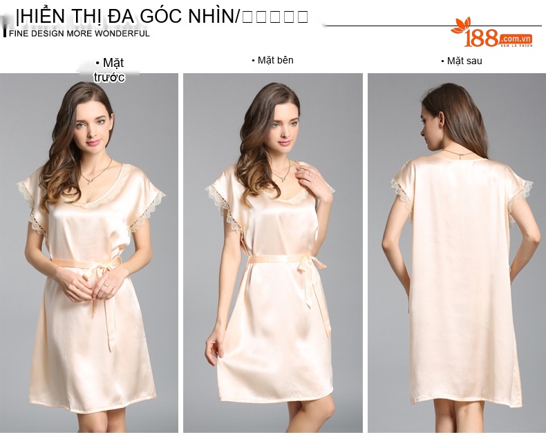 Váy Ngủ Lụa Tằm Tơ Nữ Cổ Tròn Tay Ngắn Dáng Xòe Màu Đỏ, Hồng chi tiết 4