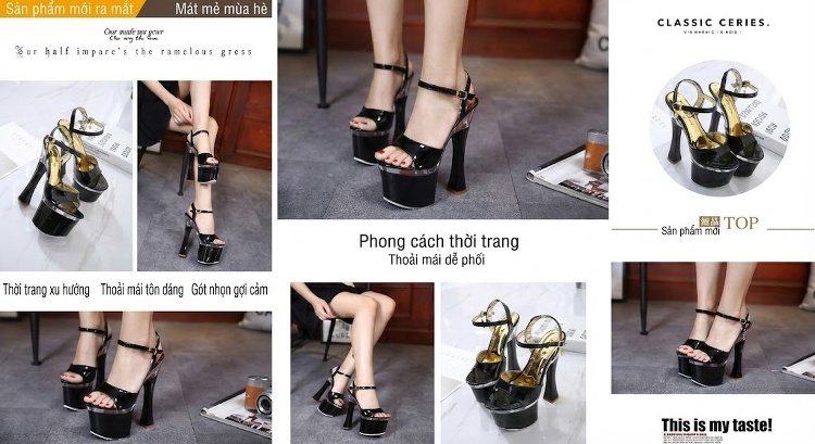 Giày Sandal Cao Gót Nữ Quai Ngang Đế Xuồng Gót Cao 10cm - 12cm Màu Đen, Bạc chi tiết 2