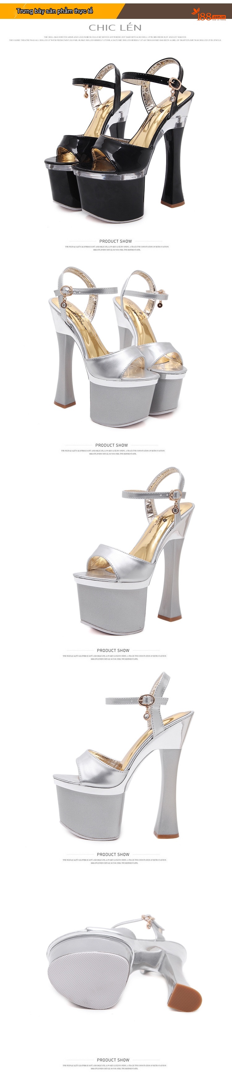 Giày Sandal Cao Gót Nữ Quai Ngang Đế Xuồng Gót Cao 10cm - 12cm Màu Đen, Bạc chi tiết 4