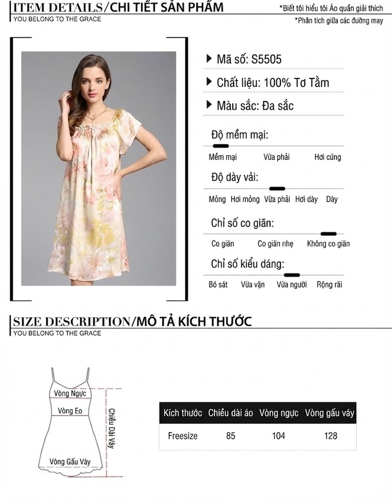 Váy ngủ lụa tơ tằm nữ tay ngắn dáng búp bê form rộng in hoa mùa hè chi tiết 3