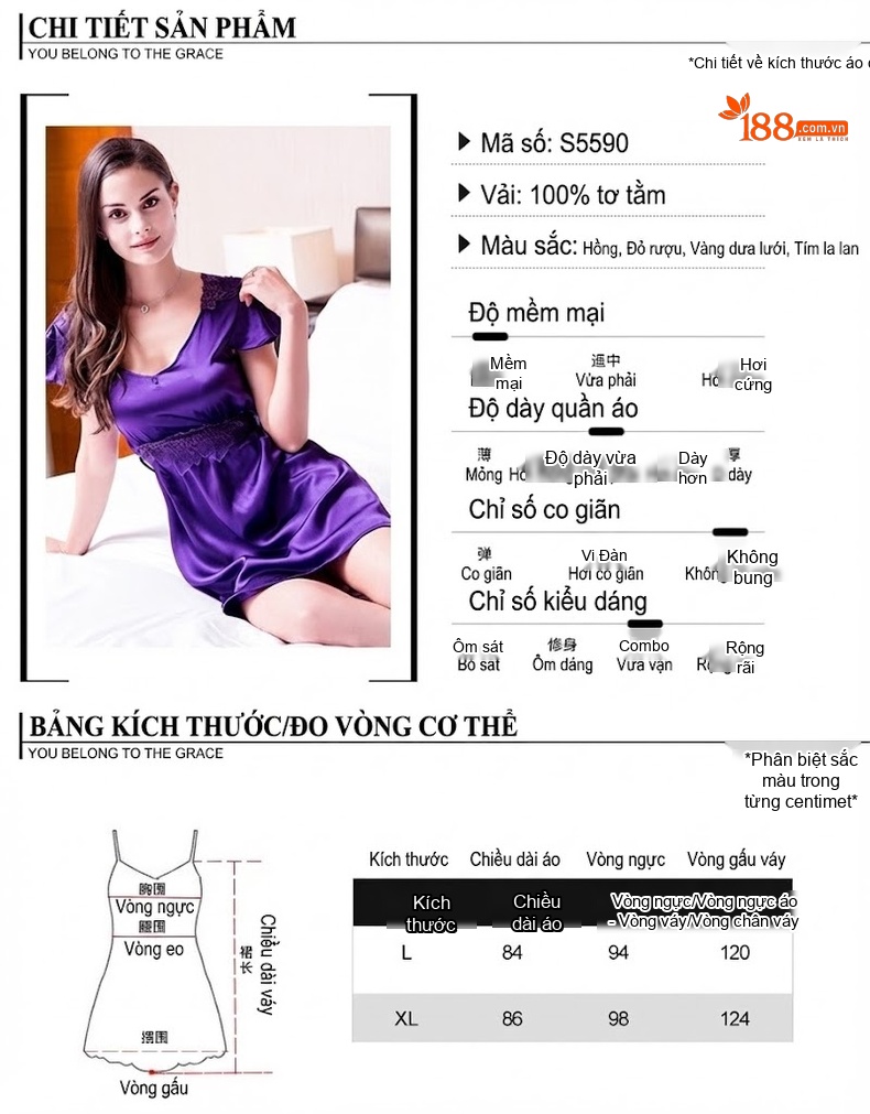 Váy Ngủ Lụa Tơ Tằm Tay Ngắn Viền Bèo Thêu Hoa Gợi Cảm Màu Hồng, Đỏ, Tím chi tiết 5