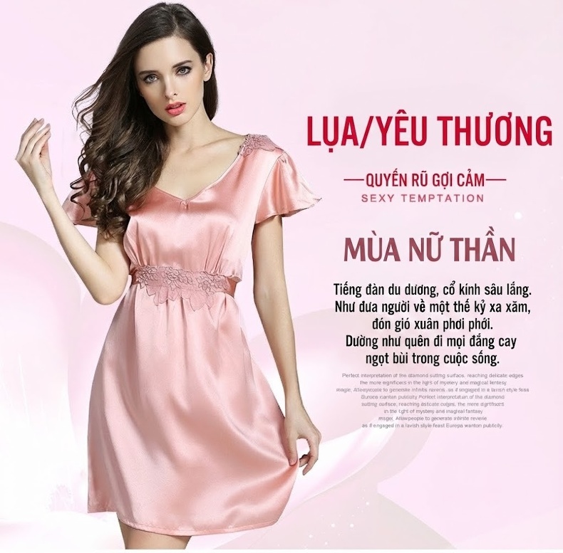 Váy Ngủ Lụa Tơ Tằm Tay Ngắn Viền Bèo Thêu Hoa Gợi Cảm Màu Hồng, Đỏ, Tím chi tiết 1