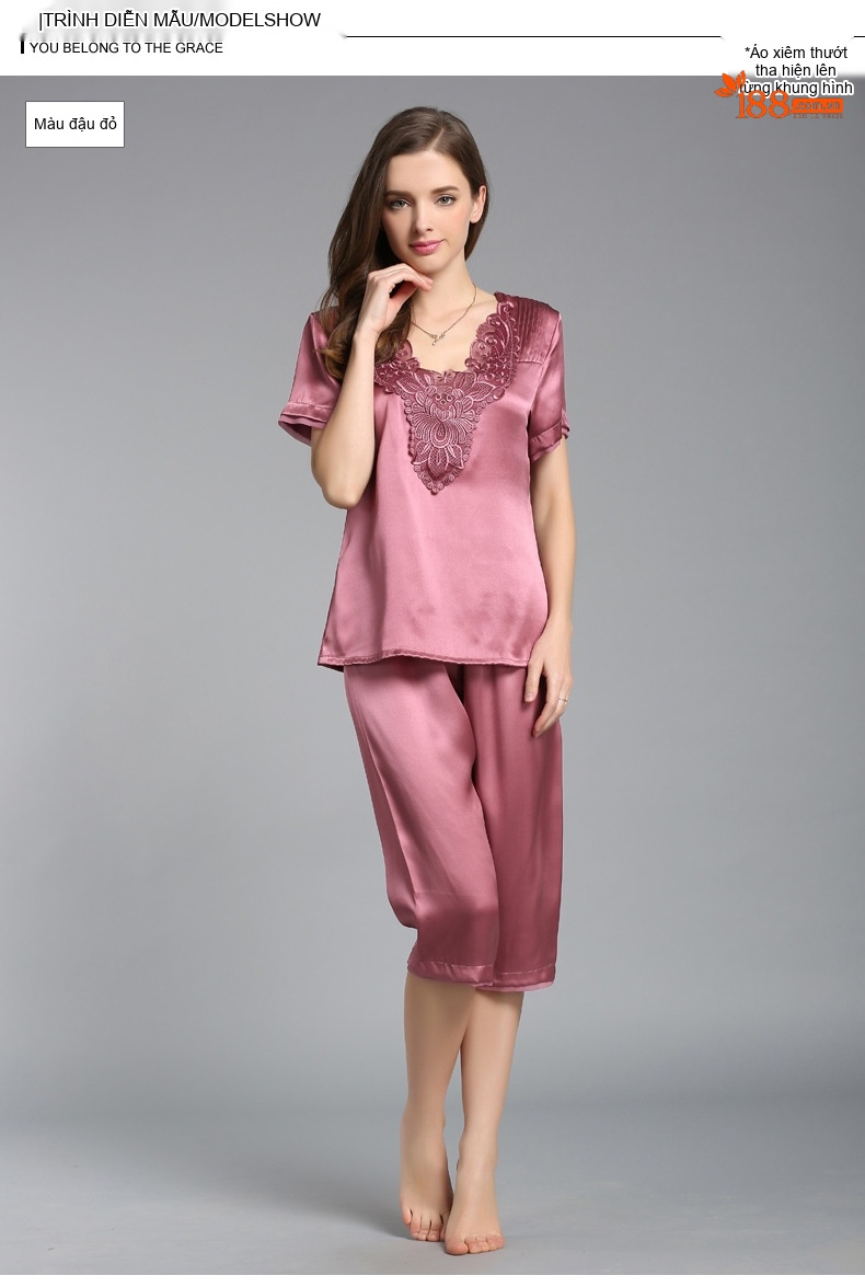 Bộ Đồ Ngủ Nữ Lụa Tơ Tằm 100% Tay Ngắn Viền Ren Cao Cấp Màu Hồng, Đỏ, Kem chi tiết 4
