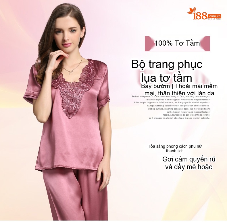 Bộ Đồ Ngủ Nữ Lụa Tơ Tằm 100% Tay Ngắn Viền Ren Cao Cấp Màu Hồng, Đỏ, Kem chi tiết 1
