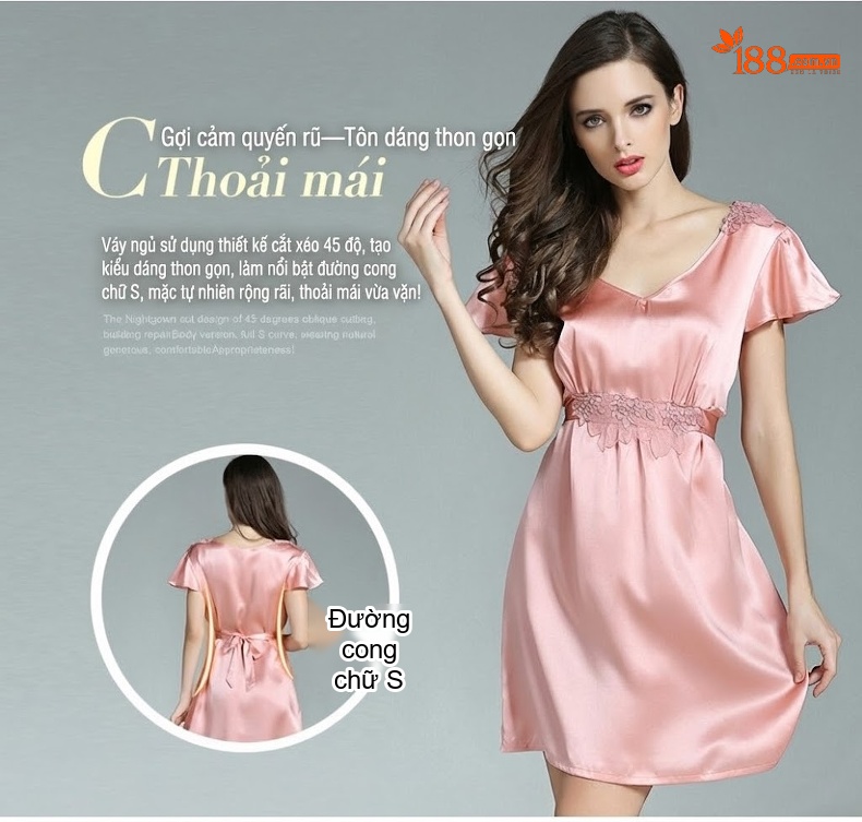 Váy Ngủ Lụa Tơ Tằm Tay Ngắn Viền Bèo Thêu Hoa Gợi Cảm Màu Hồng, Đỏ, Tím chi tiết 2