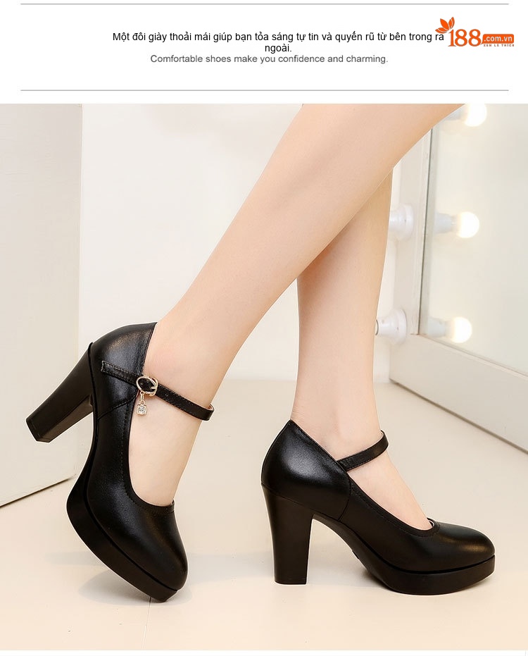 Giày Cao Gót Nữ Quai Ngang Da Bóng Đế Xuồng Chiều Cao Đế 5.5cm Màu Đen, Bạc, Đỏ chi tiết 14