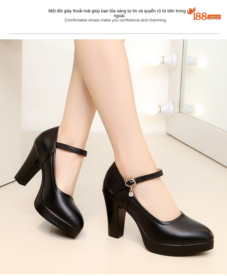 Giày Cao Gót Nữ Quai Ngang Da Bóng Đế Xuồng Chiều Cao Đế 5.5cm Màu Đen, Bạc, Đỏ chi tiết 17