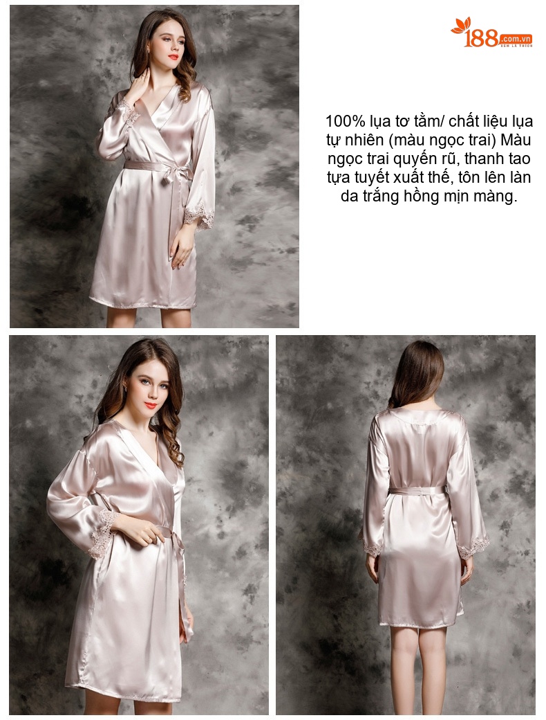 Áo Choàng Ngủ Nữ Dài Tay 100% Tơ Tằm Mùa Xuân Hè Kiểu Dáng Tối Giản Màu Hồng, Bạc chi tiết 11