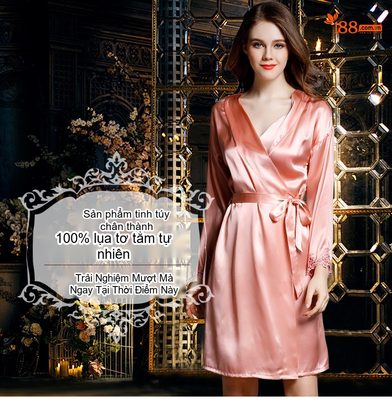 Áo Choàng Ngủ Nữ Dài Tay 100% Tơ Tằm Mùa Xuân Hè Kiểu Dáng Tối Giản Màu Hồng, Bạc chi tiết 1