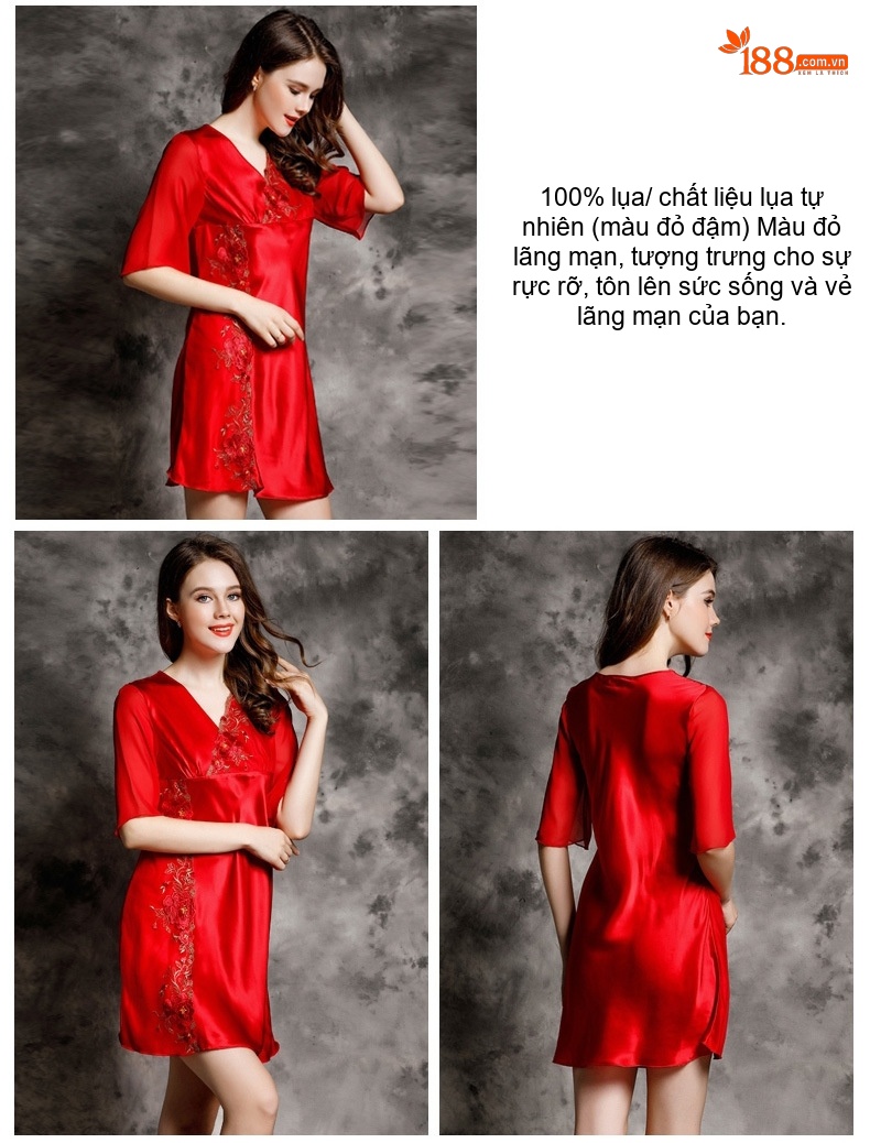 Váy ngủ lụa tơ tằm 100% thêu hoa ren quyến rũ chi tiết 10