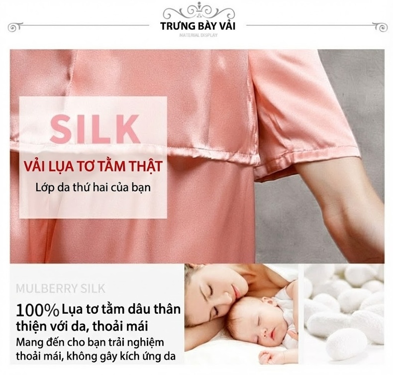 Bộ Đồ Ngủ Lụa Tơ Tằm Nữ Tay Dài Cổ Ren Cao Cấp Màu Hồng, Đỏ chi tiết 21