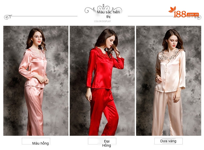 Bộ Đồ Ngủ Lụa Tơ Tằm Nữ Tay Dài Cổ Ren Cao Cấp Màu Hồng, Đỏ chi tiết 25