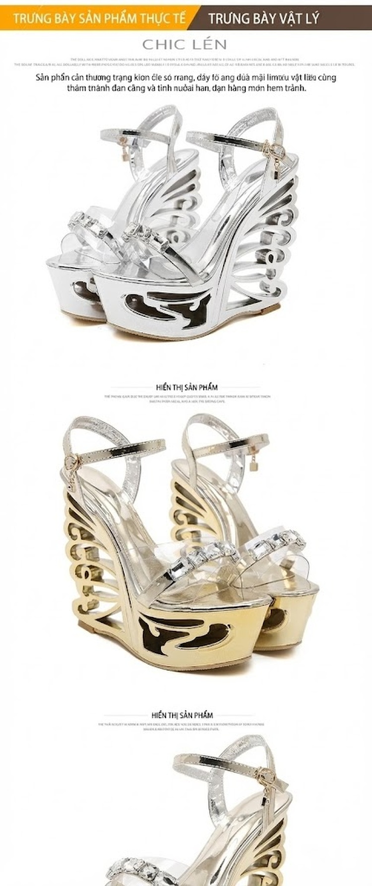 Giày Sandal Cao Gót Nữ Quai Trong Khóa Kim Loại Trang Trí Đá Gót Dị Dạng Chống Nước Gót Cao 10cm - 12cm Màu Vàng, Bạc chi tiết 5