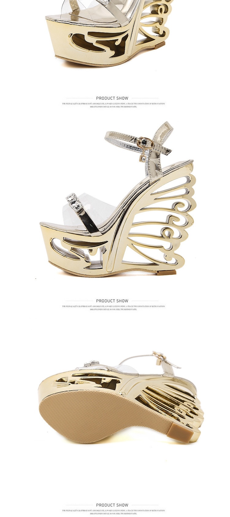 Giày Sandal Cao Gót Nữ Quai Trong Khóa Kim Loại Trang Trí Đá Gót Dị Dạng Chống Nước Gót Cao 10cm - 12cm Màu Vàng, Bạc chi tiết 6