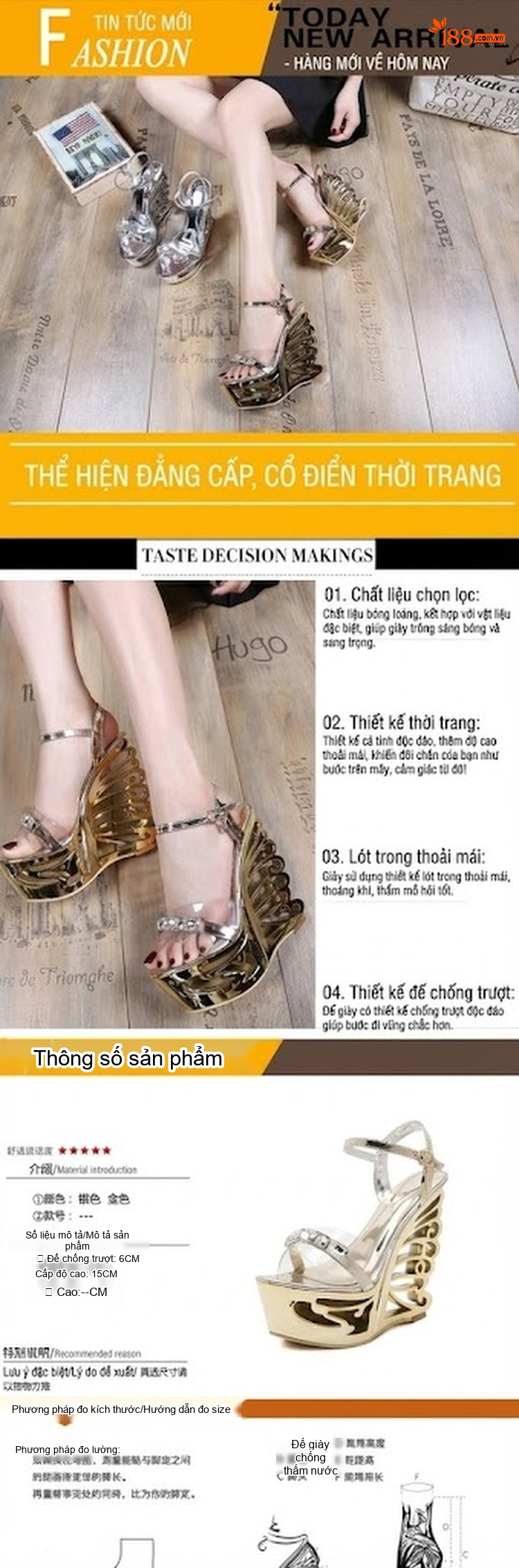 Giày Sandal Cao Gót Nữ Quai Trong Khóa Kim Loại Trang Trí Đá Gót Dị Dạng Chống Nước Gót Cao 10cm - 12cm Màu Vàng, Bạc chi tiết 1