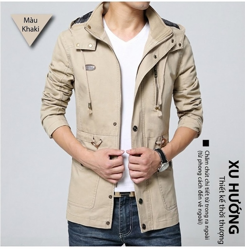 Áo Khoác Nam Cotton Dáng Lửng Có Mũ Trùm Đầu Phong Cách Công Sở Màu Be, Nâu, Xanh, Đen... chi tiết 19