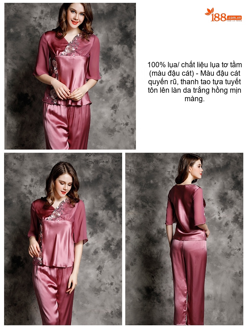 Bộ Đồ Ngủ Lụa Tơ Tằm Nữ 100% Mùa Hè Thiết Kế Quyến Rũ Màu Đỏ, Hồng chi tiết 10