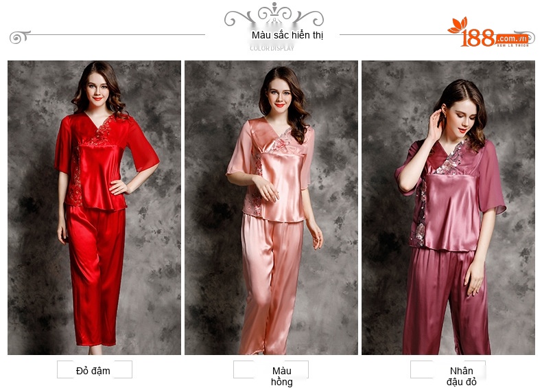 Bộ Đồ Ngủ Lụa Tơ Tằm Nữ 100% Mùa Hè Thiết Kế Quyến Rũ Màu Đỏ, Hồng chi tiết 6