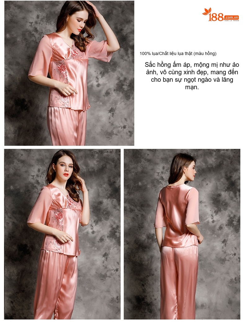 Bộ Đồ Ngủ Lụa Tơ Tằm Nữ 100% Mùa Hè Thiết Kế Quyến Rũ Màu Đỏ, Hồng chi tiết 8