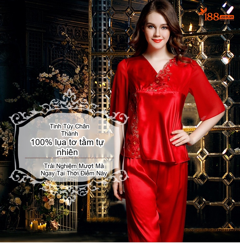 Bộ Đồ Ngủ Lụa Tơ Tằm Nữ 100% Mùa Hè Thiết Kế Quyến Rũ Màu Đỏ, Hồng chi tiết 1