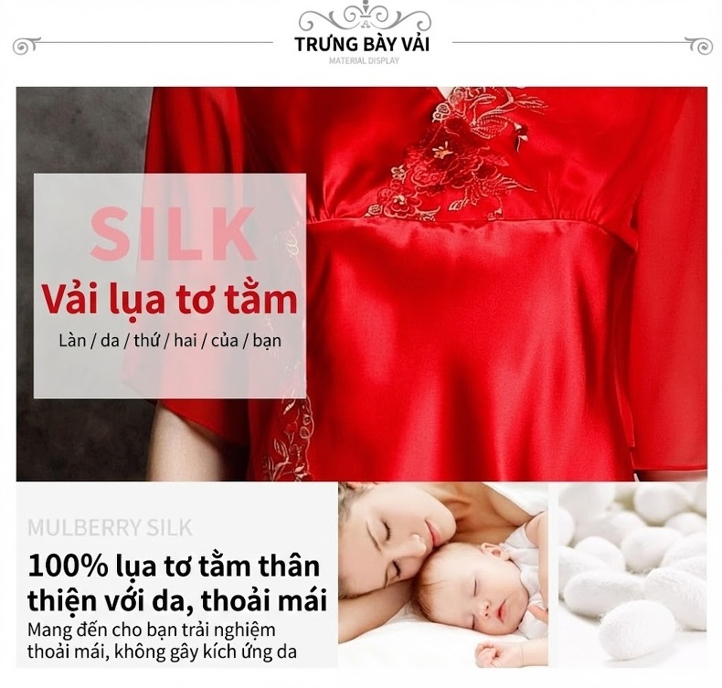Bộ Đồ Ngủ Lụa Tơ Tằm Nữ 100% Mùa Hè Thiết Kế Quyến Rũ Màu Đỏ, Hồng chi tiết 2
