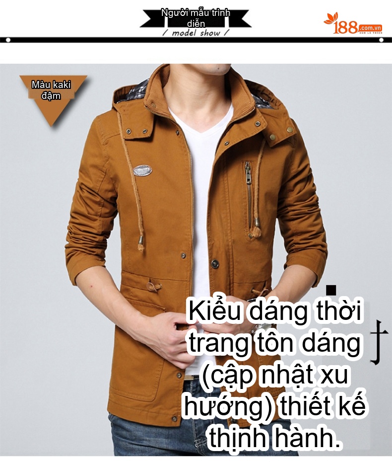 Áo Khoác Nam Cotton Dáng Lửng Có Mũ Trùm Đầu Phong Cách Công Sở Màu Be, Nâu, Xanh, Đen... chi tiết 4